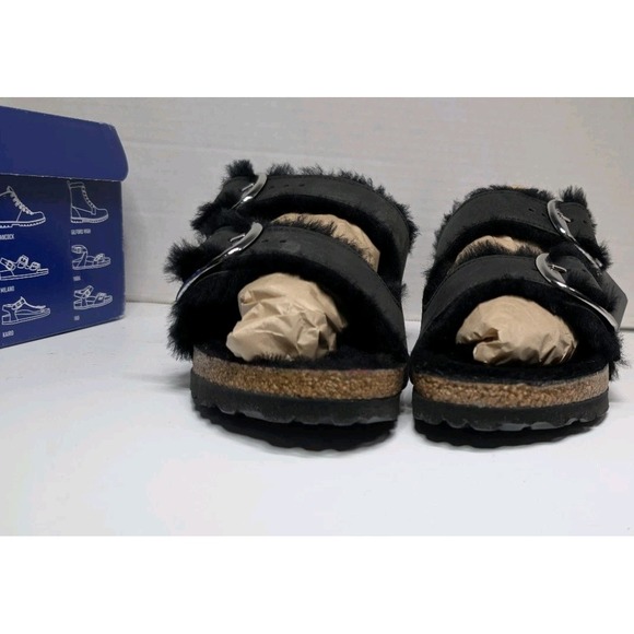 Birkenstock Arizona Teddy Shearling Platform Sandals Black Big Buckle 37 US 6 - Picture 4 of 12